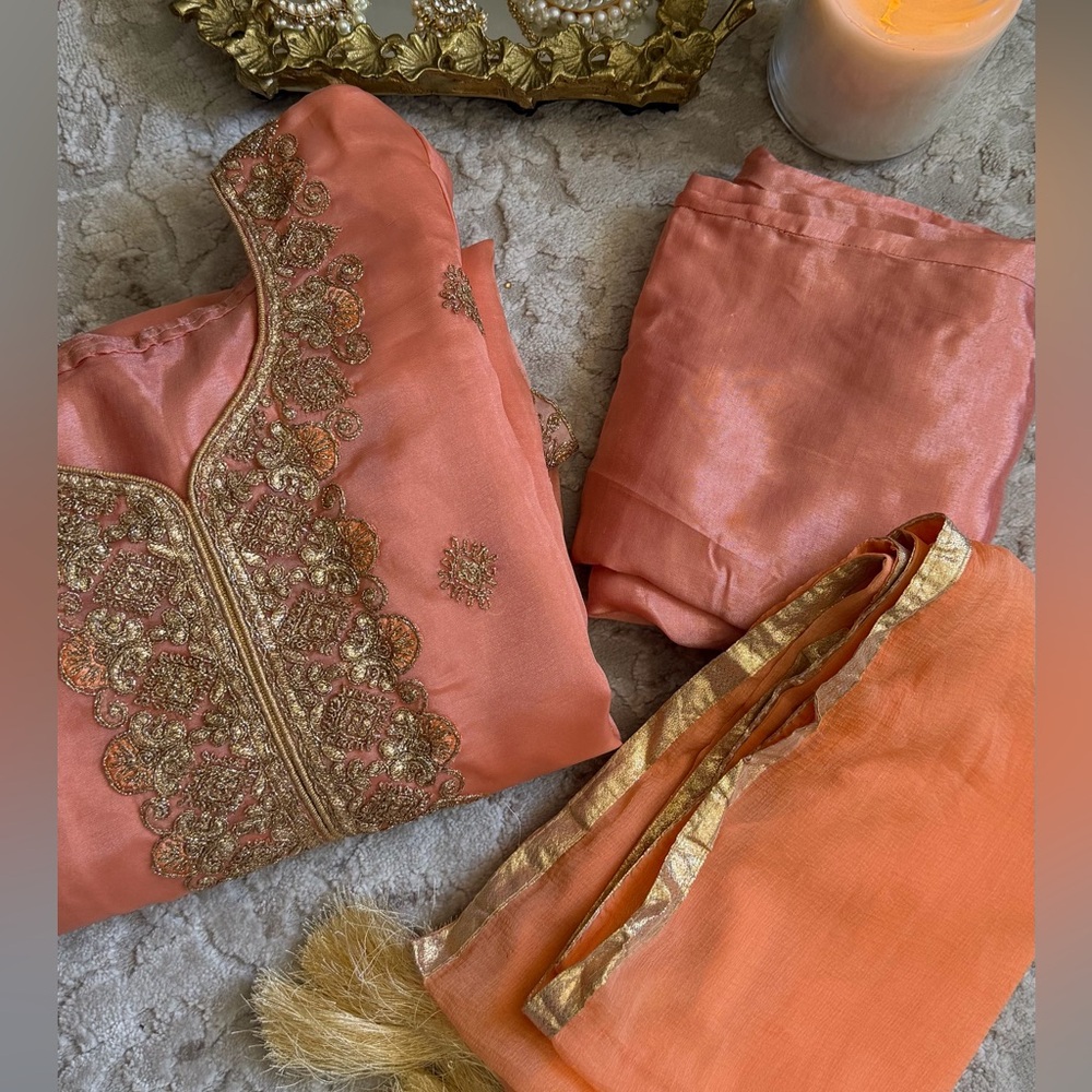 Elegant Peach 3-Piece Tissue Silk Suit